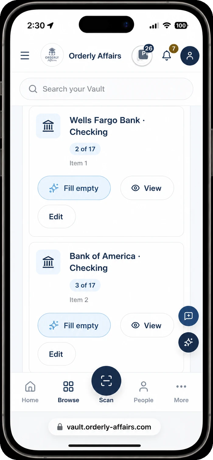 The bank accounts section open on a phone